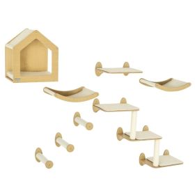 8PCs Cat Wall Shelves Pet Wall-mounted Climbing Shelf Set with Cushion Condo Scratching Posts Hammock Oak (Option: Oak-575x485x225 mm)